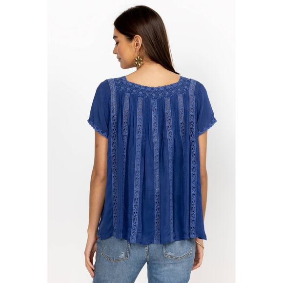 Johnny Was Brigita Blouse Blue Square Neck Eyelet Embroidered Short Sleeve Sz L - Picture 5 of 11